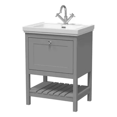 Traditional Furniture Floor Standing Drawer Vanity & Tap Hole Fireclay Basin, 600mm, Cool Grey