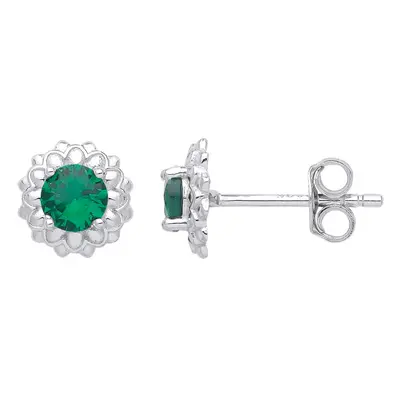 Jewelco London Ladies Rhodium Plated Sterling Silver Green CZ Dalia Flower Petals Solitaire Stud