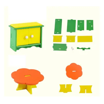 () Wooden Colorful DIY Assembly Doll House Furniture Kit Early Educational Learning Toys for Kid