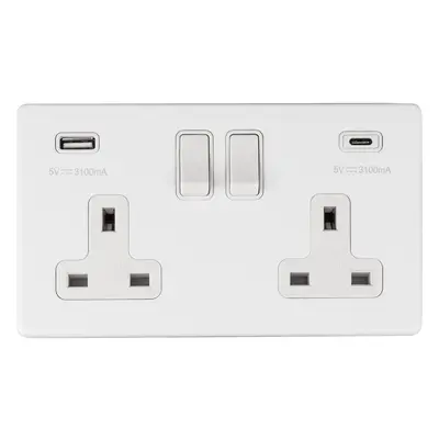 2 Gang Double 13A UK Plug Socket & 2x 3.1A USB-C & USB-A SCREWLESS MATT WHITE