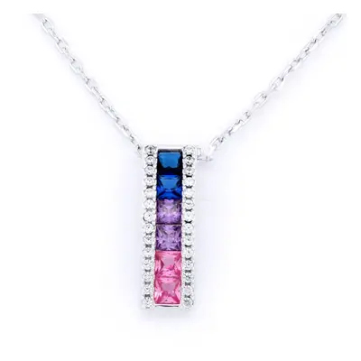 Jewelco London Rhodium Silver Pink Lilac Blue Princess CZ Channel Bar Column Pendant Necklace - 