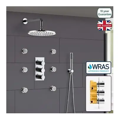 3 Dial Way Round Concealed Thermostatic Mixer Valve Hand Held Shower Body Jet