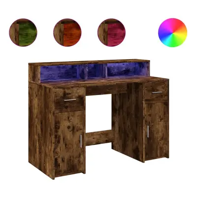 vidaXL Desk with LED Lights Writing Working Table Smoked Oak Engineered Wood