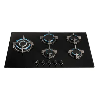 SIA GHG902BL 90cm Black Burner Gas On Glass Hob With Cast Iron Pan Stands