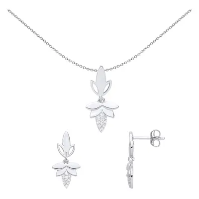 Jewelco London Ladies Sterling Silver Cubic Zirconia Sweetcorn Leaf Earrings Necklace Set - GSET