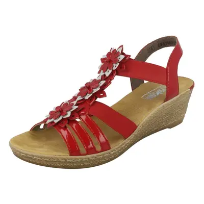 (UK 6, Red) Ladies Rieker Flower Detail Wedge Sandals