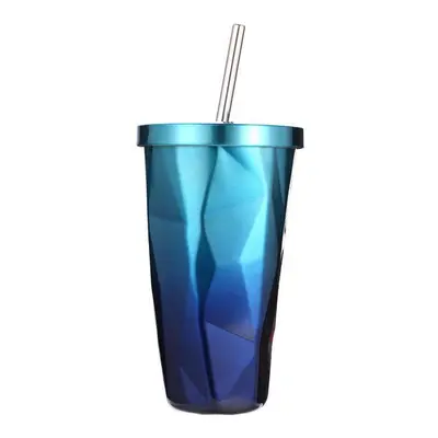 (Light blue & Dark Blu) 473L Stainless Steel Cups Gradient Color Diamond Double Wall Travel Wate