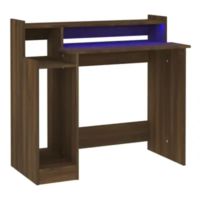 (Brown oak) vidaXL Desk with LED Lights Computer Table Study Writing Desk Engineered Wood