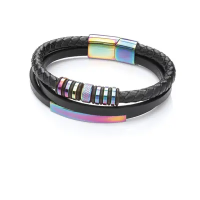 Jewelco London Mens Black Leather Stainless Steel Rainbow Iridescent Multi Strand Plaited ID Bar