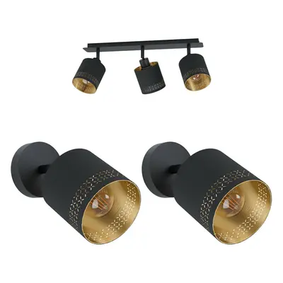 Ceiling Spot Light & 2x Matching Wall Lights Black Gold Pattern Adjustable Lamp