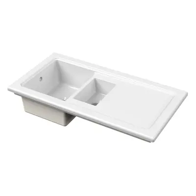 Fireclay Ceramic 1.5 Bowl Kitchen Sink & Plain Drainer - 1010mm - White