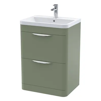 Floor Standing Drawer Vanity Unit with Ceramic Basin - 600mm - Satin Green