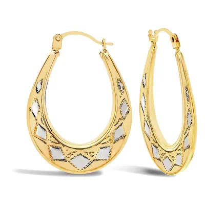 Jewelco London Ladies 9ct Yellow and White Gold Pear Shape Diamond Pattern Creole Earrings - JER