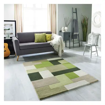 (Green, x cm) Modern Geometric Checkered Multi Coloured Rugs 100% Wool Hand Made Eco Friendly Sm