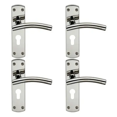 4x Curved Lever on Euro Lock Backplate Handle x 44mm Polished & Satin Steel