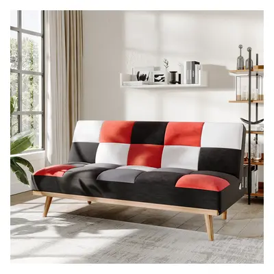 (Red Multicolour Checkered) 178cm Fabric Upholstered 3-Seater Sofa Bed