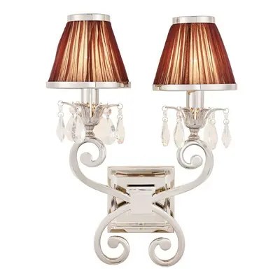 Esher Luxury Twin Curved Arm Traditional Wall Light Nickel Crystal Brown Shade