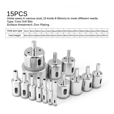 (15pcs) 8/14/15/16/30Pcs 6mm-70mm Diamond Coated Drill Bit Set Tile Marble Glass Ceramic Hole Sa