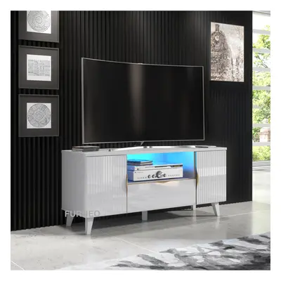 White TV Stand 120cm Unit Cabinet Matt & High Gloss Azzurro08 Brushed Gold Handles LED Light