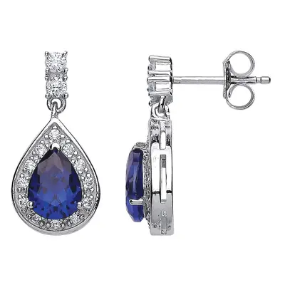 Jewelco London Ladies Sterling Silver Sapphire-Blue Pear Cubic Zirconia Halo Tears of Joy Stud E