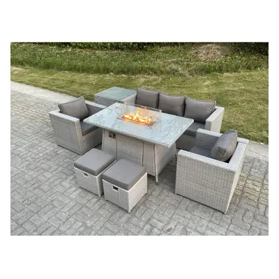 Fimous Rattan Garden Furniture Set Gas Fire Pit Dining Set With Side Table