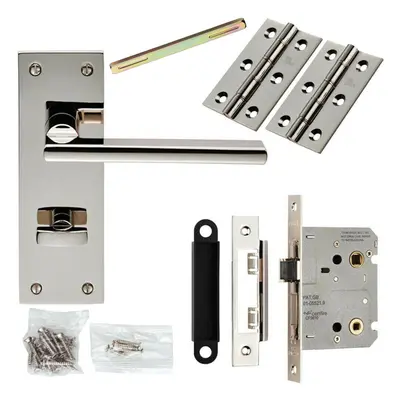 Door Handle & Bathroom Lock Pack Polished Nickel Flat Lever Turn Backplate