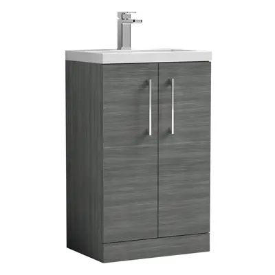 Compact Floor Standing Door Vanity Basin Unit with Polymarble Basin - 500mm - Woodgrain Anthraci