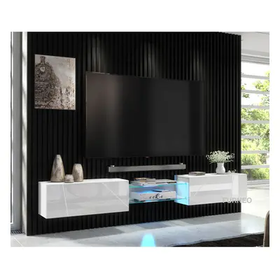 (Blue LED Lights) Furneo White Floating TV Cabinet 230cm Wall Unit Modern High Gloss &Matt Art02