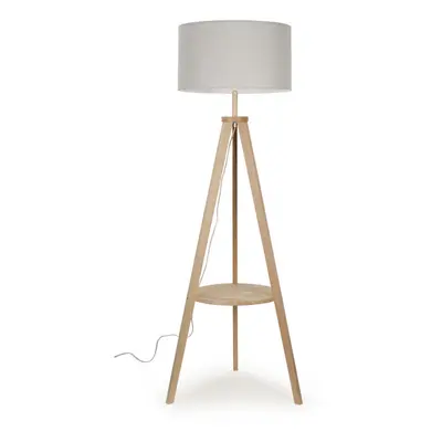 Modern Light Wood Tripod Design Floor Lamp with Storage Shelf & Grey Drum Shade - Complete with 