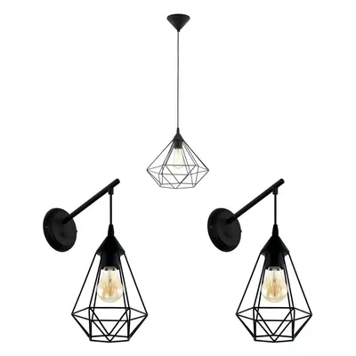 Ceiling Pendant Light & 2x Matching Wall Lights Black Geometric Cage Wire Lamp