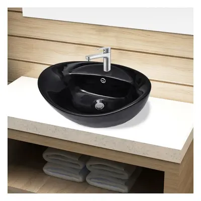 vidaXL Ceramic Bathroom Sink Basin Faucet/Overflow Hole Black Oval Counter Top