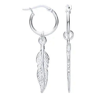 Jewelco London Ladies Rhodium Plated Sterling Silver Angel Wing Feather Leaf Hoop Drop Earrings 