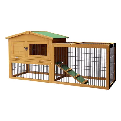 Pawhut Wooden Rabbit Hutch with Run, Asphalt Roof, Pull-Out Tray, Ramp, Yellow