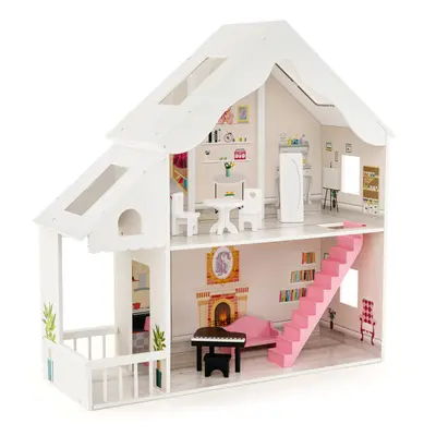 Wooden Dollhouse Kids Semi-Opened DIY Dollhouse w/ Simulated Rooms & Furniture