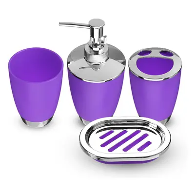 (Purple) 4Pcs Plastic Bathroom Set Cup Toothbrush Holder Soap Dish Dispenser Bottle Washroom Acc