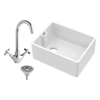 Single Bowl Fireclay Belfast Sink with Basket Strainer Waste & Mono Kitchen Sink Mixer Tap 595mm