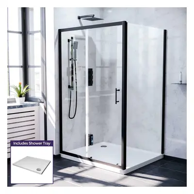 Nes Home Magna 1000mm Matt Black Framed Shower Sliding Door, 760mm Frameless Glass Side Panel Sc