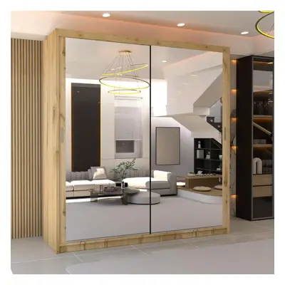 (Oak, 180cm) MN FURNITURE Double Mirror Sliding Door Wardrobe