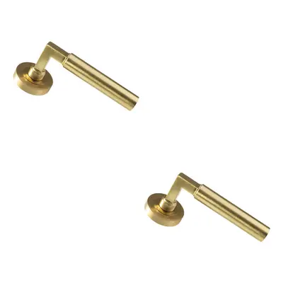 2x PAIR Straight Round Bar Handle on Round Rose Concealed Fix Satin Brass