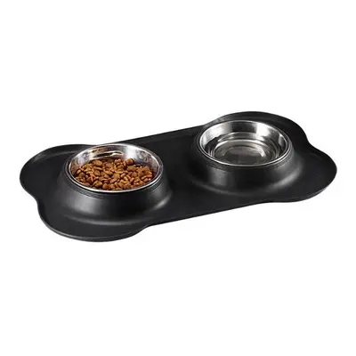 (Red) Stainless Steel Pet Bowl with Non-Skid Silicone Mat Feeder Double Bowls Set for Dogs Cats 