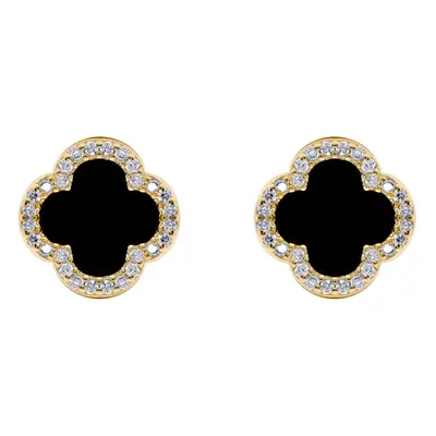 Jewelco London Gold-plated Silver Black Clover Onyx & CZ Halo Lucky Charm Earrings 11mm - AES258