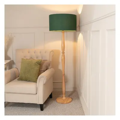 ValueLights Victoria Green Drum Shade Light Wood Floor Lamp & LED Bulb