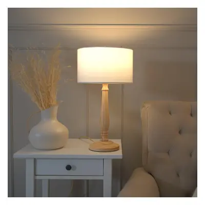 ValueLights Victoria White Shade Light Wood Stem Table Lamp & LED Bulb