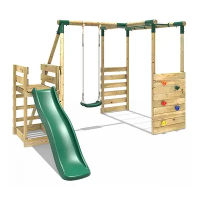 (Monkey Bars plus Deck & 6ft Slide - Solar, Green) Rebo Wooden Children's Swing Set with Monkey 