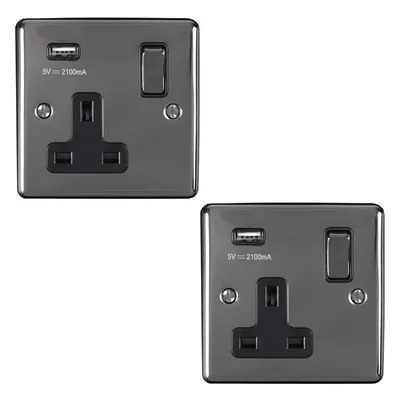 2 PACK Gang Single UK Plug Socket & 2.1A USB BLACK NICKEL & Black 13A Switched