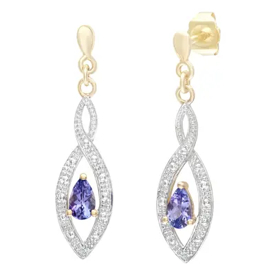 Jewelco London 9ct Yellow Gold Round 1pts Diamond Pear 0.9ct Tanzanite Teardrop Drop Earrings - 