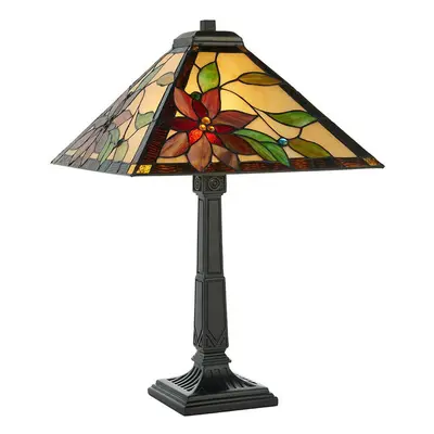 Tiffany Glass Table Lamp Light Dark Bronze & Red Flower Square Shade i00214