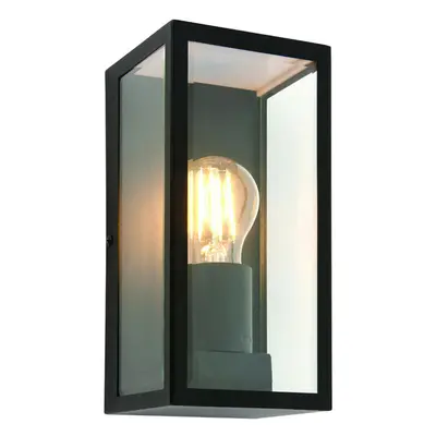 IP44 Outdoor Wall Light Matt Black & Glass Rectangle Box Lantern 28W E27 Edison