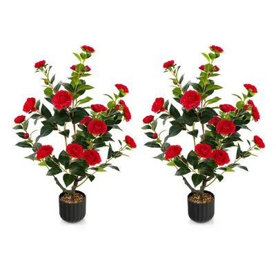 2PCS Red Artificial Camellia Trees in Cement Pot Free Maintenance