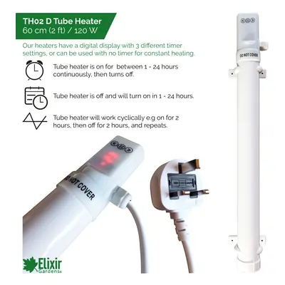 (TH02D, 60cm 120Watt, 2ft Guard) Low Energy Tube Heaters with Digital Timers | Optional Thermost